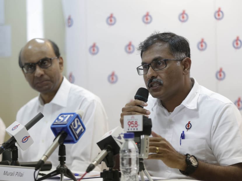 PAP candidate for Bukit Batok SMC Murali Pillai (right) with DPM Tharman Shanmugaratnam at a press conference on Tuesday (April 26). Photo:  Wee Teck Hian/TODAY