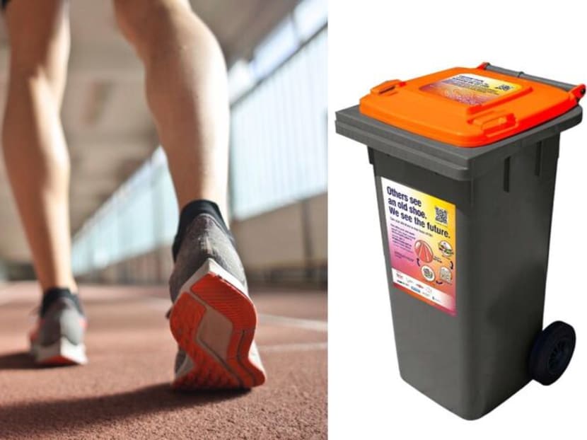 One of the bins (right) used to collect old sports shoes that are meant to be recycled into jogging tracks and other facilities under a programme by Sport Singapore and partners.