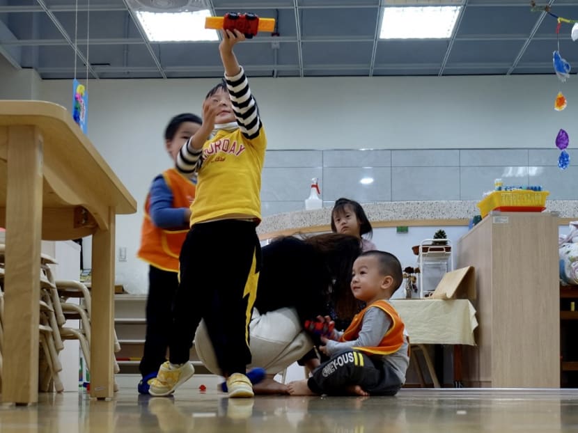 Kindergarten children at Taipei Municipal Municipal Laosong Elementary School in Taipei.