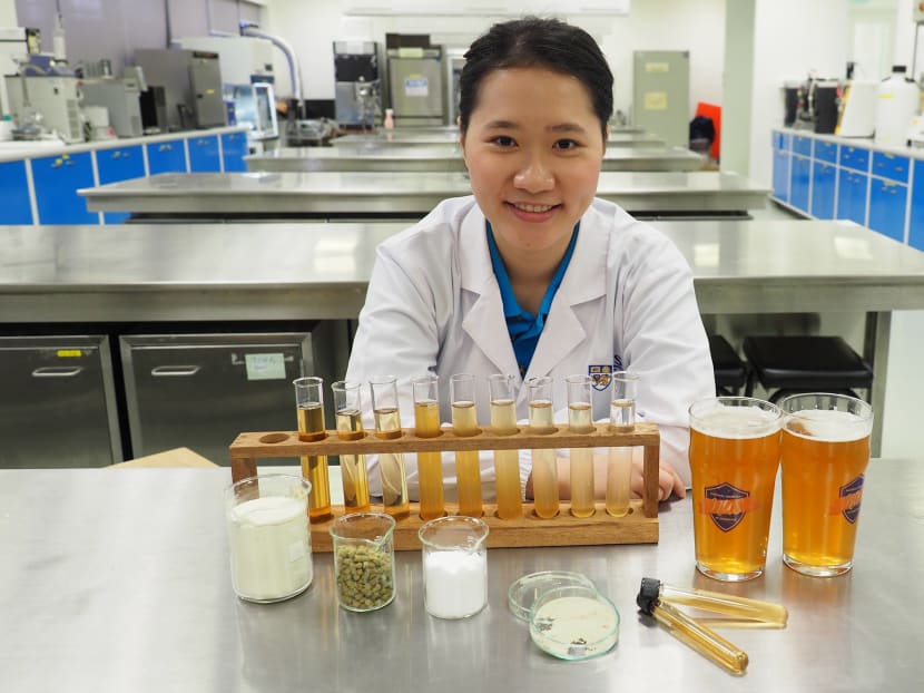 Ms Alcine Chan’s beer has attracted the interest of one Japanese brewery, and she and her final-year project supervisor have filed for a patent to protect its recipe. Photo: Syed Ebrahim/TODAY Ms Alcine Chan’s beer has attracted the interest of one Japanese brewery, and she and her final-year project supervisor have filed for a patent to protect its recipe. Photo: Syed Ebrahim/TODAY