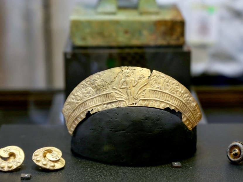This handout photo taken and released by Cambodia's Government Cabinet on March 17, 2023 shows jewellery from the Angkor period during a ceremony held to unveil a collection of stolen Angkorian artefacts at the Peace Palace in Phnom Penh. This handout photo taken and released by Cambodia's Government Cabinet on March 17, 2023 shows jewellery from the Angkor period during a ceremony held to unveil a collection of stolen Angkorian artefacts at the Peace Palace in Phnom Penh.