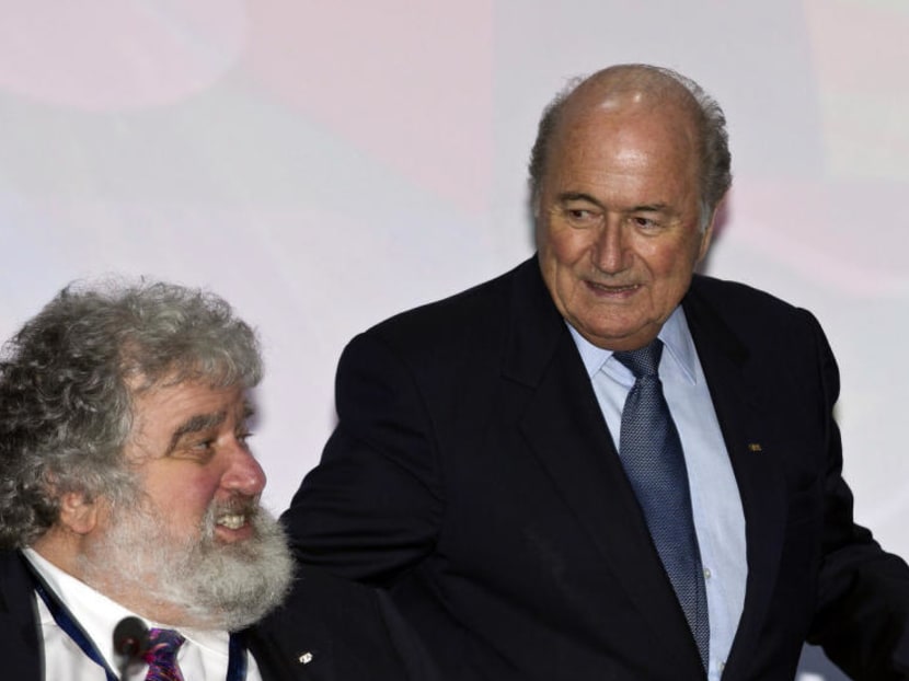 FIFA president Joseph Blatter, right, welcomes FIFA Executive Committe member Chuck Blazer prior to the 61st FIFA Congress held at the Hallenstadion in Zurich, Switzerland, Wednesday, June 1, 2011. Photo: AP