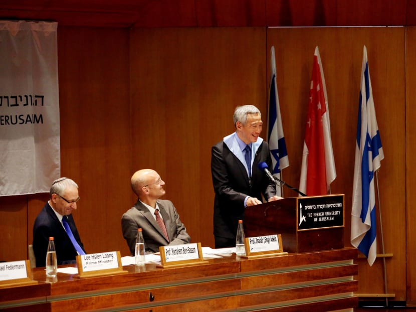 Prime Minister Lee Hsien Loong speaking at Hebrew University where he received an honorary doctorate. He said that Singapore ‘admired’ Israel, which shares similar traits with the Republic. PHOTO: MCI
