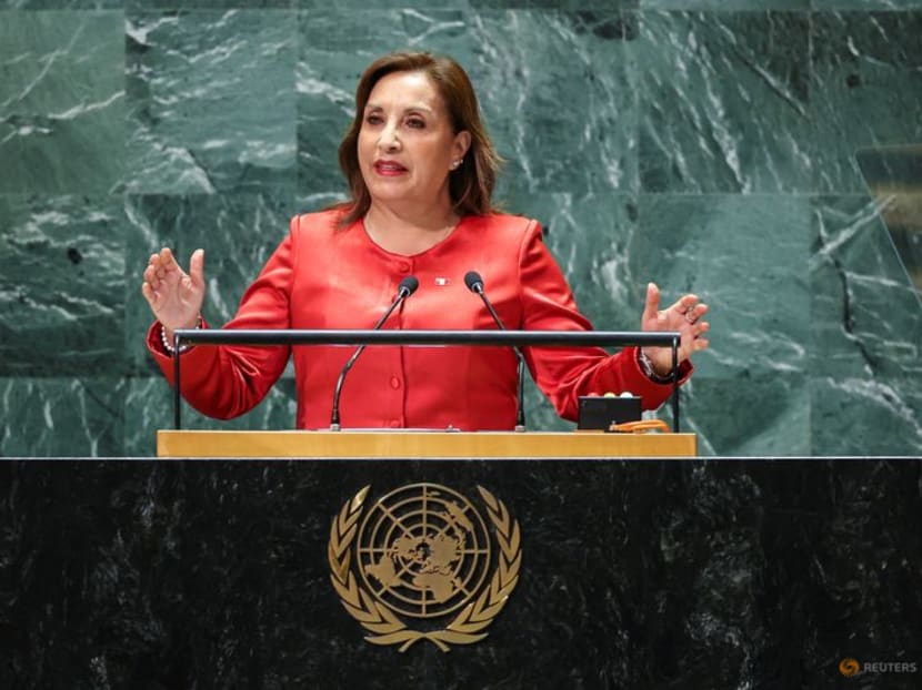 Peru's president Dina Boluarte addresses the 78th Session of the U.N. General Assembly in New York City, U.S., September 19, 2023.  REUTERS/Eduardo Munoz
