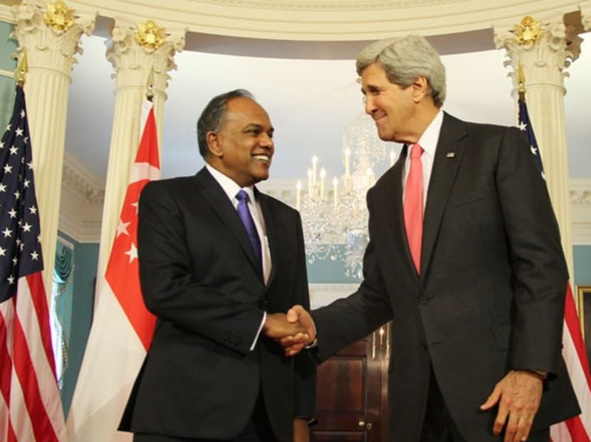 US Secretary of State John Kerry (right) and Minister for Foreign Affairs and Law K Shanmugam at the State Department in Washington DC. Photo: Ministry of Foreign Affairs