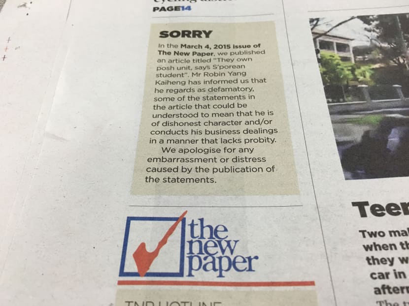 The apology printed in The New Paper on Monday (Feb 29).