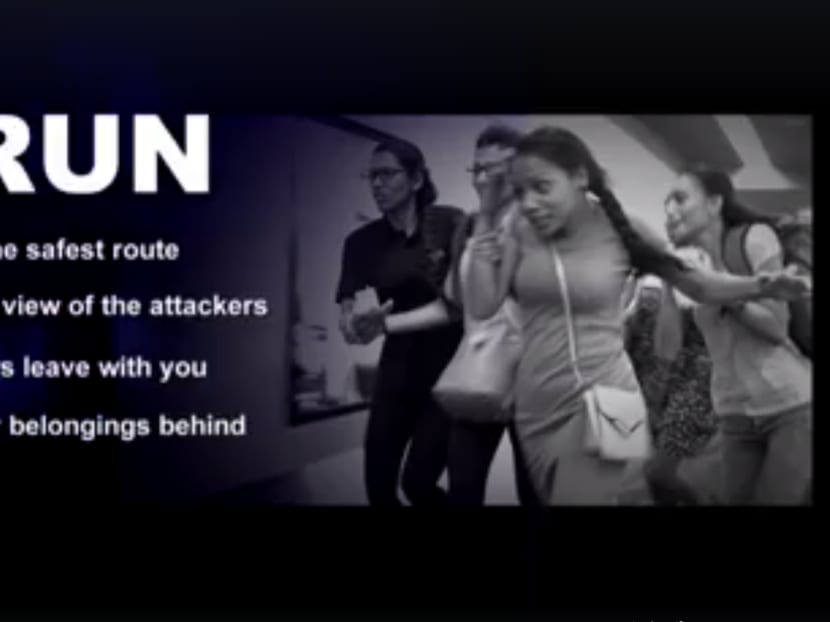 A three-minute long Facebook video released by the Singapore Police Force on Tuesday (May 10) is teaching people how to respond in “the rare event of a firearms or weapons attack”.  Photo: SPF Facebook