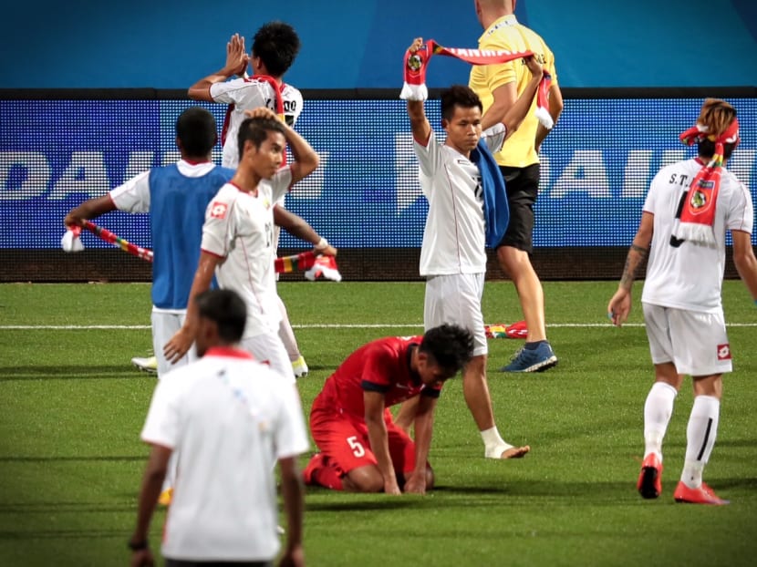 Singapore player after their defeat against Myanmar. Photo: Jason Quah/TODAY