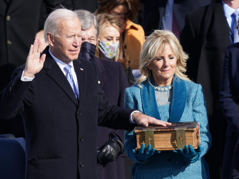 Mr Joe Biden is sworn in as the 46th President of the United States on the West Front of the US Capitol in Washington DC, US on Wednesday, Jan 20, 2021.