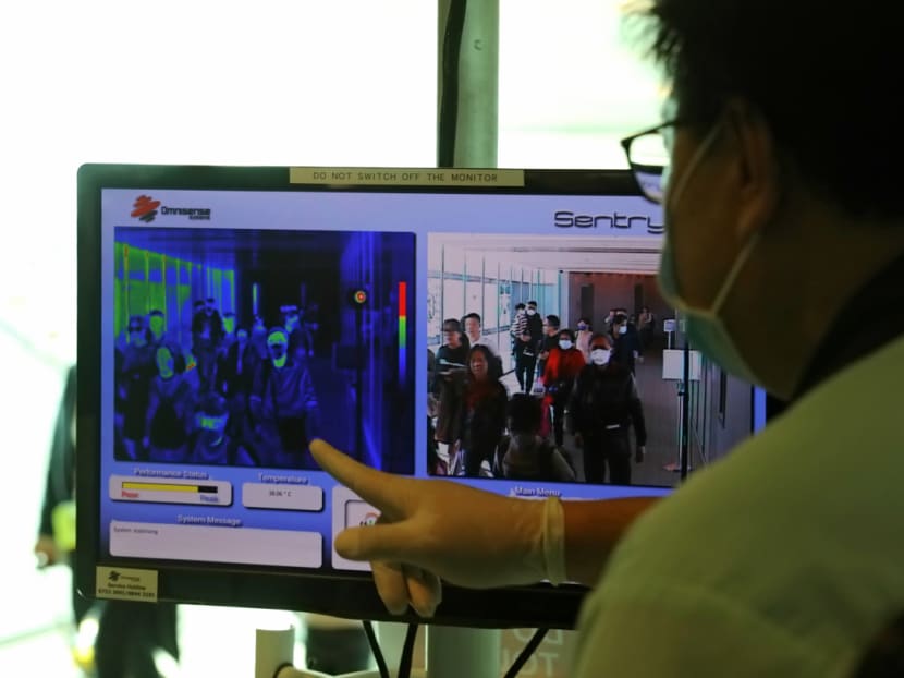 A thermal scanner set up at Changi Airport Terminal 3.