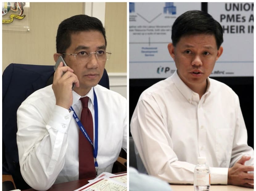 (Left) Malaysia's new economic affairs minister Azmin Ali said in a tweet on Tuesday that he had spoken with Singapore's Minister for Trade and Industry Chan Chun Sing for about 10 minutes over the telephone.