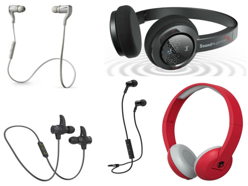 Bluetooth headphones that are cheap and good: (clockwise from top left) Plantronics BackBeat Go 2; Creative Soundblaster Jam; Skullcandy Uproar Wireless; Mee Audio M9B and the Brainwavz Blu-200. Photo: Stuff Singapore