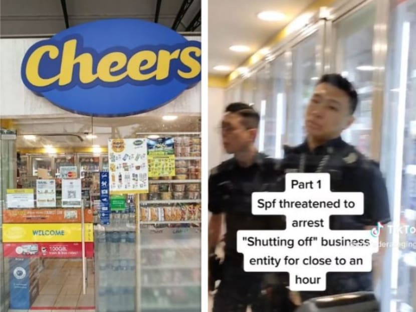 A worker at a Cheers convenience store (left) who goes by the username “confederateginger” on TikTok published five videos showing his arguments with three police officers (right).