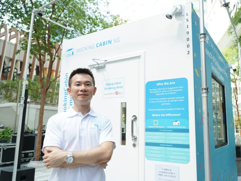 Mr Stefen Choo, director of Southern Global Corporation, poses in front of the Smoking Cabin SG located at One-north.