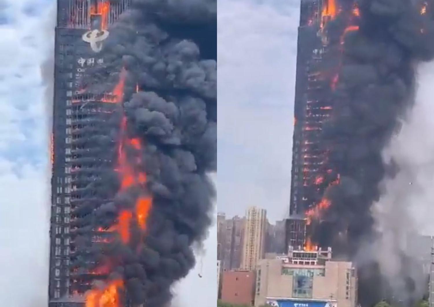 The blaze consumed a tall building that housed an office of state-owned telecommunications company China Telecom. The blaze consumed a tall building that housed an office of state-owned telecommunications company China Telecom.
