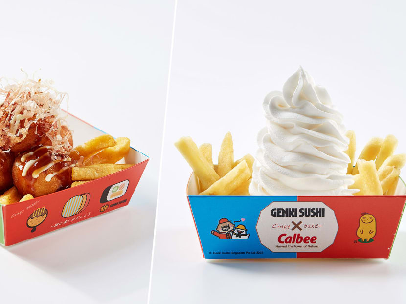 Calbee & Genki Sushi Launch Collab Jagabee Potato Sticks With Peach Soft Serve & Takoyaki