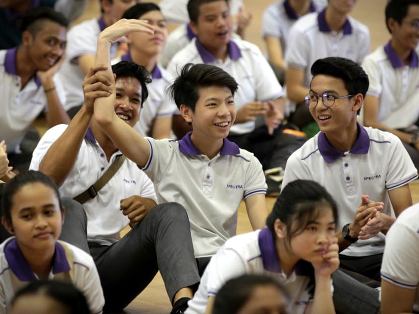 Students from Spectra Secondary School listening to a briefing before receiving their N-Level results on Monday, Dec 18. Photo: Jason Quah/TODAY
