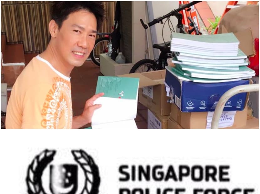 Edmund Chen, seen with copies of his Little Red Dot book, posted a picture on Facebook of the Singapore Police Force logo, and confirmed that he has lodged an official report against a woman who helped him with sales and marketing of his book. Photo: Edmund Chen / Facebook
