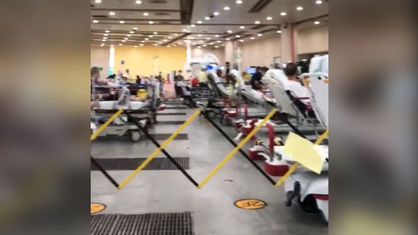 Makeshift area with beds seen in video footage used as screening space: Tan Tock Seng Hospital Makeshift area with beds seen in video footage used as screening space: Tan Tock Seng Hospital