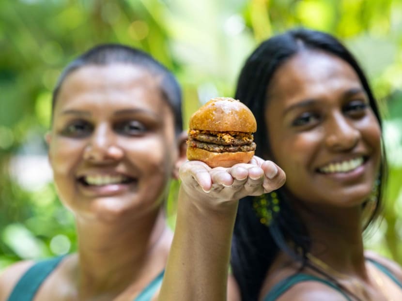 A burger using plant-based mince that Jungle Kitchen sells. The startup is co-founded by Ms Surekha Yadav (left) and Ms Mukeeta Manukulasuriya (right).