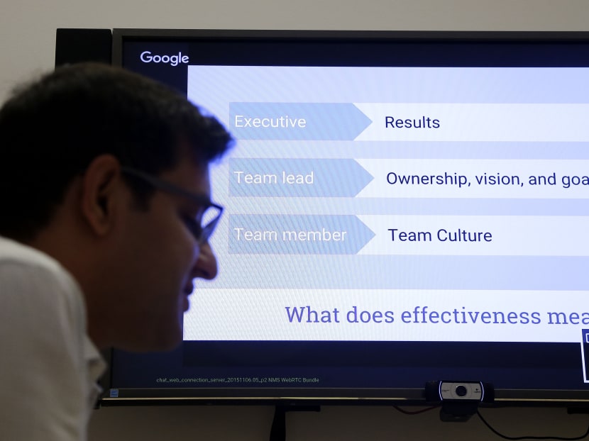 In this Nov 12, 2015 photo, Google director of People Analytics Abeer Dubey, left, and director of People Operations Danielle Hair, on screen, are interviewed in Mountain View, California.  Photo: AP
