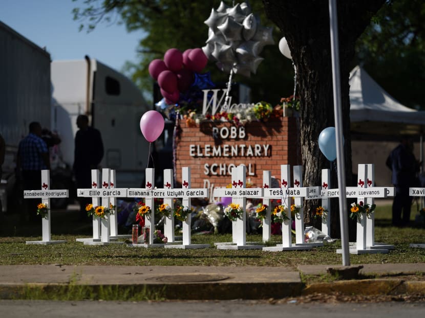 Crosses sit outside the Robb Elementary School in remembrance of those killed on Tuesday, in Uvalde, Texas on May 26, 2022. Crosses sit outside the Robb Elementary School in remembrance of those killed on Tuesday, in Uvalde, Texas on May 26, 2022.
