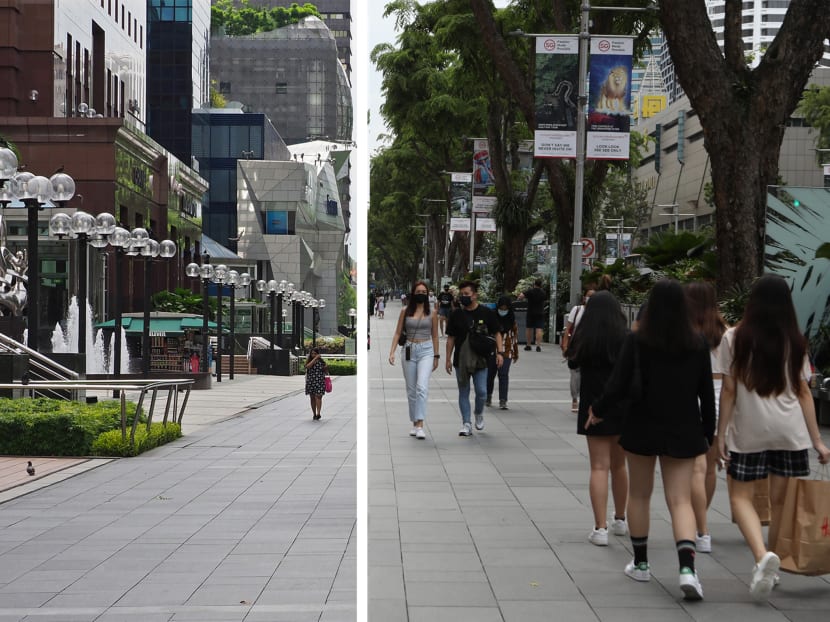 (Left) An empty Orchard Road on the first day of the circuit breaker on April 7, 2020. (Right) Crowds along Orchard Road on April 6, 2021.