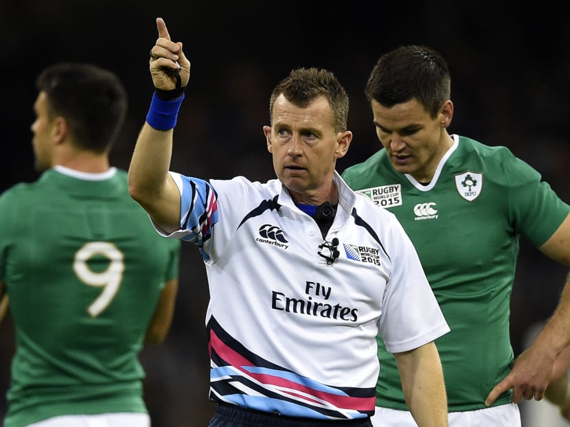 Nigel Owens, seen here officiating the 2015 Rugby World Cup group tie between France and Ireland, will be making his first appearance here on Aug 12. He will be the keynote speaker at the Chiam See Tong Sport's Foundation's gala dinner which aims to raise about S$100,000 for the foundation’s activities in 2018. Photo: AFP