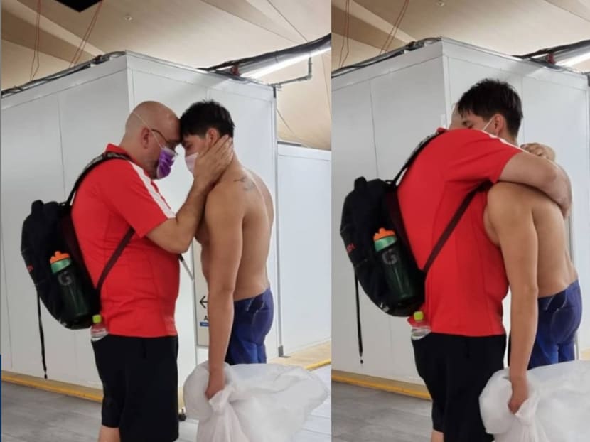 Joseph Schooling embracing his swim coach, Sergio Lopez Miro, during the Olympic Games in Tokyo.