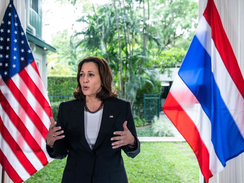 United States Vice President Kamala Harris gaggles with members of the press from the US and Thailand after holding a roundtable with Civil Society on Climate and Clean Energy at Chief of Mission Residence in Bangkok on Nov 20, 2022.
