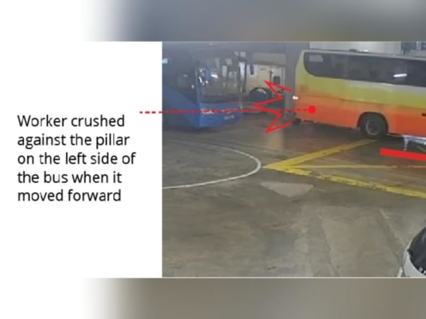 Tthe incident happened on Aug 3, when a worker was guiding a bus to reverse into position while he was standing next to a pillar.