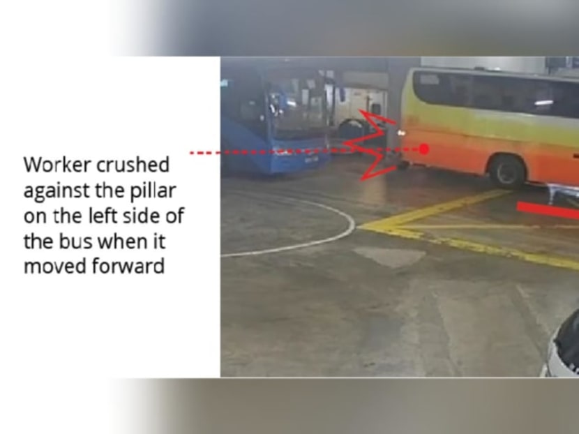 Tthe incident happened on Aug 3, when a worker was guiding a bus to reverse into position while he was standing next to a pillar. Tthe incident happened on Aug 3, when a worker was guiding a bus to reverse into position while he was standing next to a pillar.