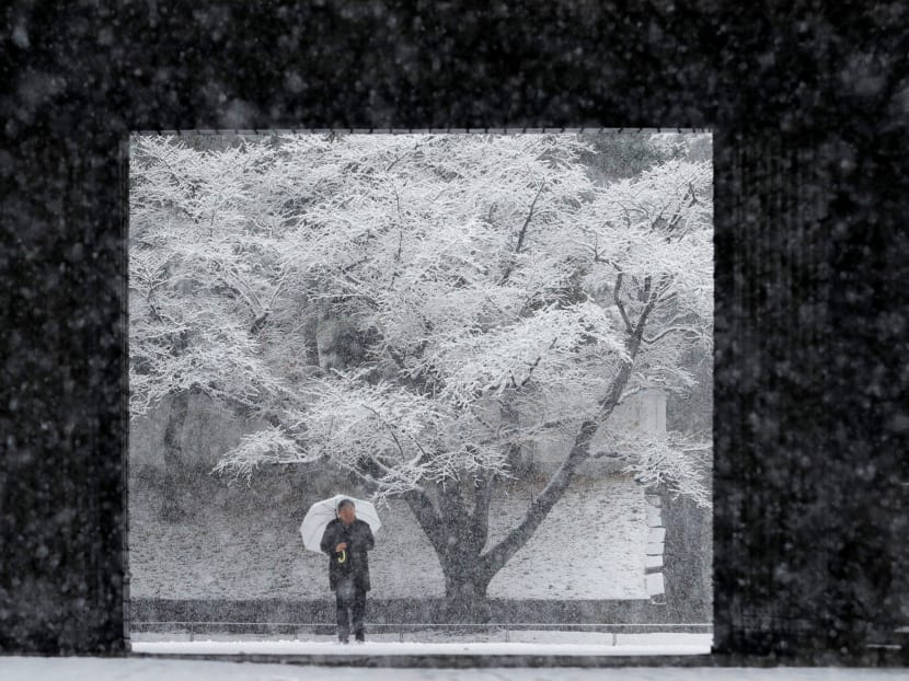 Photo of the day: A man holding an umbrella makes his way in the heavy snow at the Imperial Palace in Tokyo, Japan January 22, 2018. Photo: Reuters
