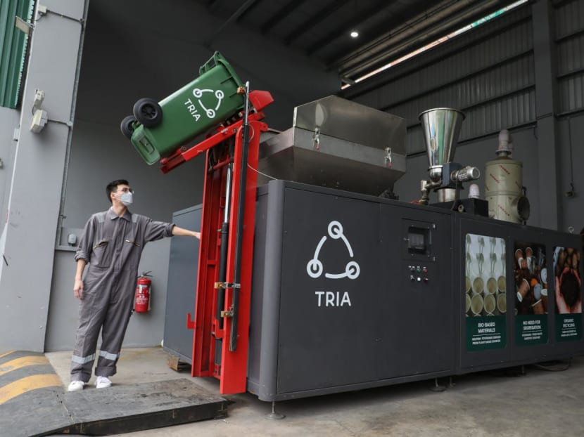 Some of the patented technology used by Singapore-based sustainability food packaging firm Tria to convert packaging and food waste into fertiliser.