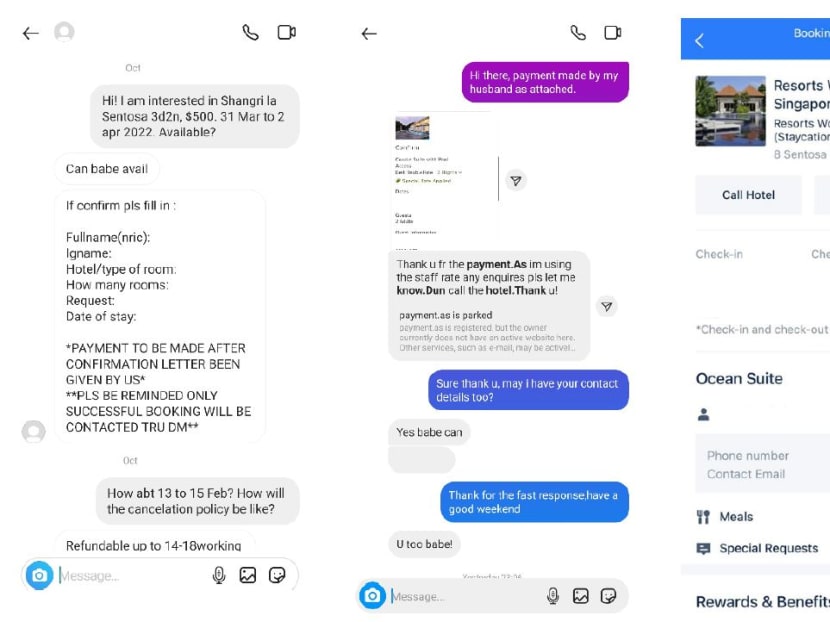 Screenshots of messages exchanged between a seller and buyer for hotel room bookings that are now under police investigations.