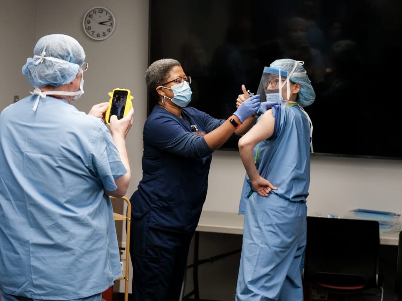American frontline workers receive the Pfizer vaccine at the Virginia Hospital Center on Dec. 16, 2020. American frontline workers receive the Pfizer vaccine at the Virginia Hospital Center on Dec. 16, 2020.
