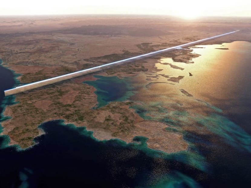 A handout picture showing the design plan for the 170km-long, 500m-tall parallel structures of an "eco-city" known collectively as The Line, in the heart of the Red Sea megacity Neom. 
