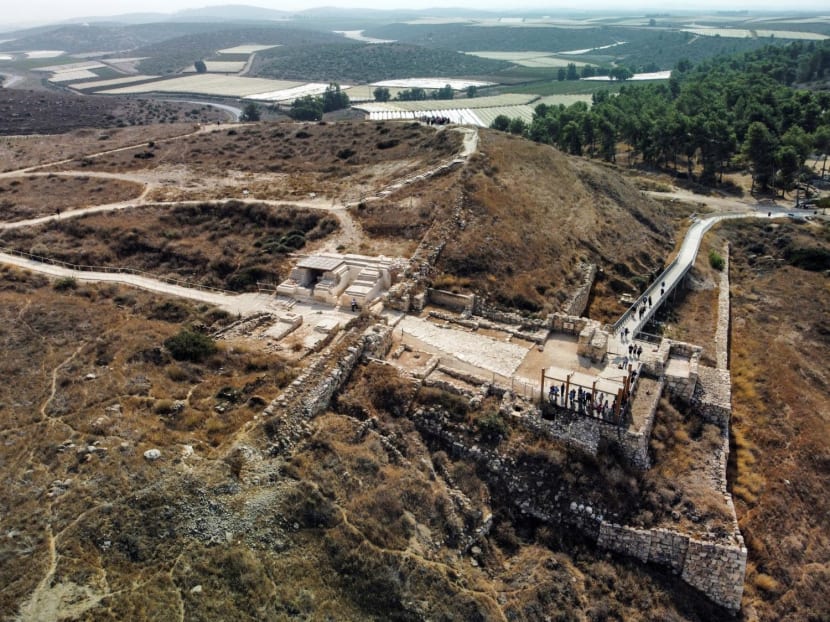 An aerial view shows visitors at Tel Lachish archaeological site in southern Israel on Oct 25, 2022. 