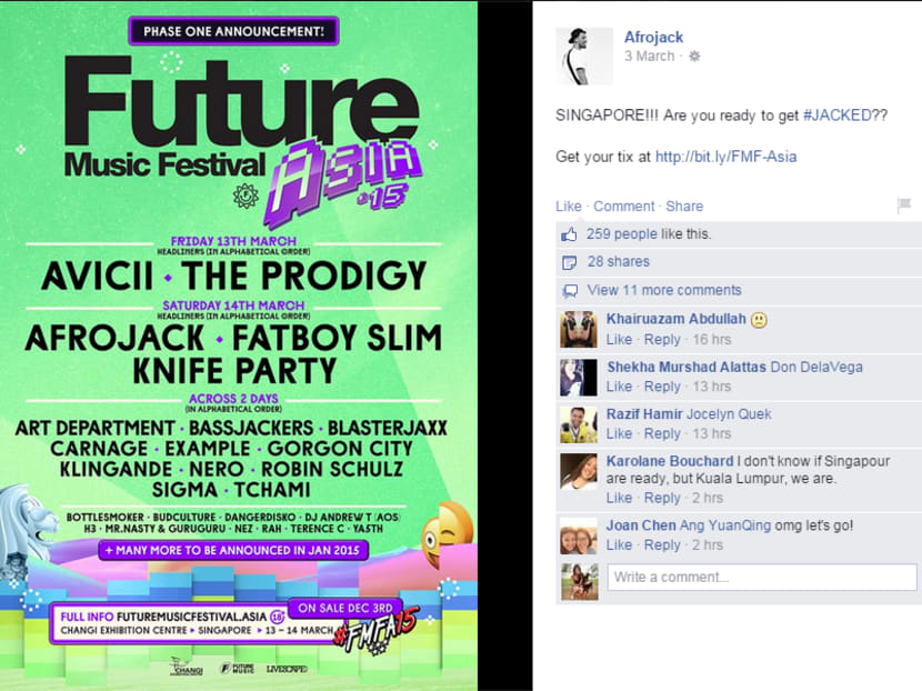 One of FMFA's headliners, Afrojack, was still posting about the festival on March 3. Photo: Afrojack's Facebook page