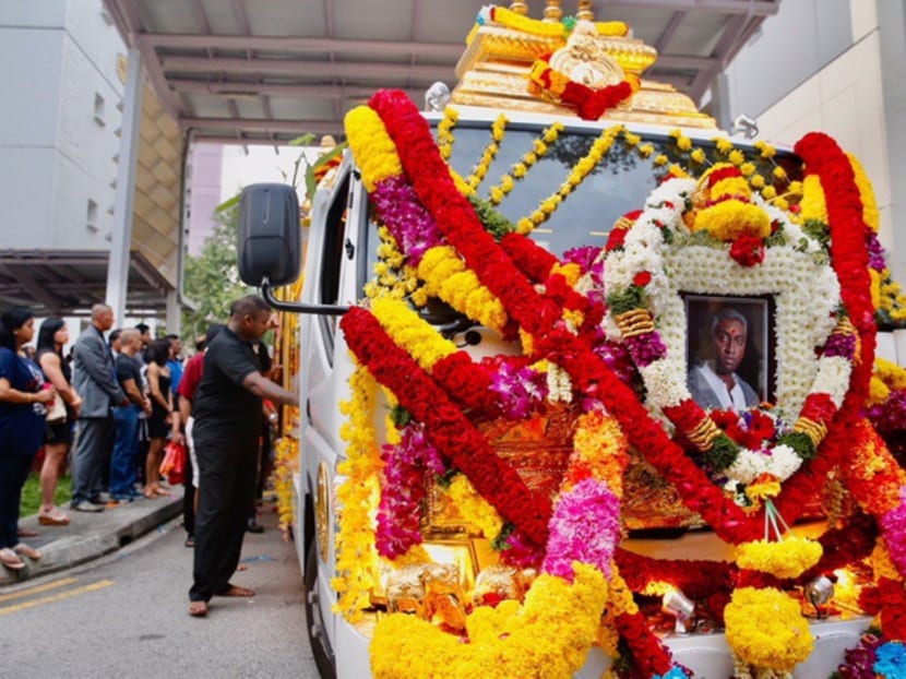 The casket of World Bodybuilding and Physique Sports Federation (WBPF) president Pradip Subramanian leaving the wake at Woodlands. Photo: Najeer Yusof/TODAY