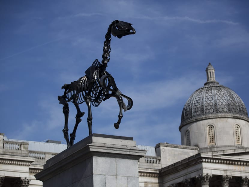 Skeleton horse erected in London’s Trafalgar Square