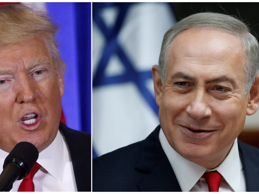 US President-elect Donald Trump speaking during a news conference in the lobby of Trump Tower in Manhattan on Jan 11, 2017 and Israeli Prime Minister Benjamin Netanyahu attending the weekly cabinet meeting in Jerusalem on Jan 22, 2017 in a combination of file photos. Photo: Reuters