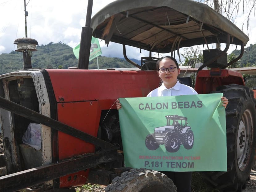 Independent candidate Peggy Chaw holding a flag with the logo of a tractor on it. She is one of two 23-year-olds to contest in the Malaysian general election.