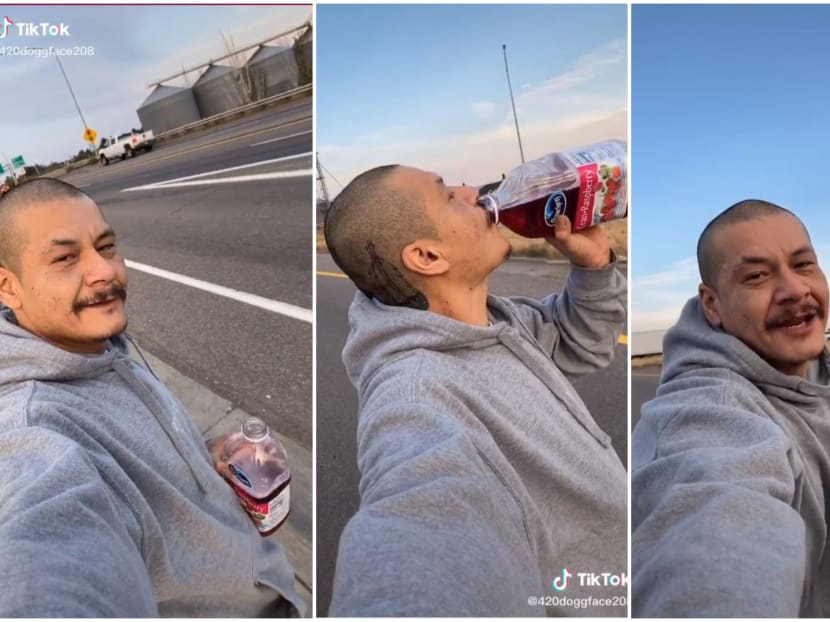 TikTok user doggface208’s antics — as he cruised down the street, sipping a family-sized bottle of juice — has struck a chord, racking up 8.6 million likes.