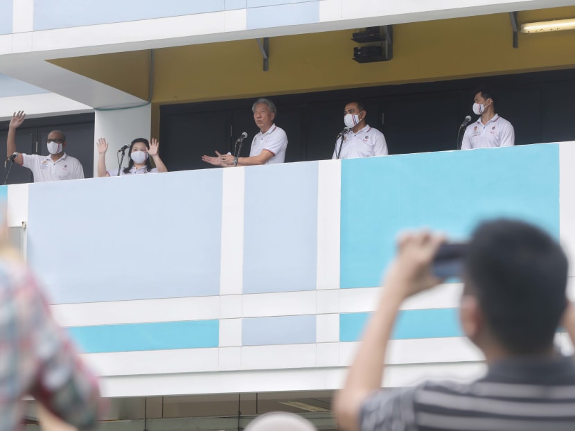 The PAP team from Pasir Ris-Punggol GRC led by Mr Teo Chee Hean giving a thank-you speech at St Anthony’s Canossian Primary School on June 30, 2020.