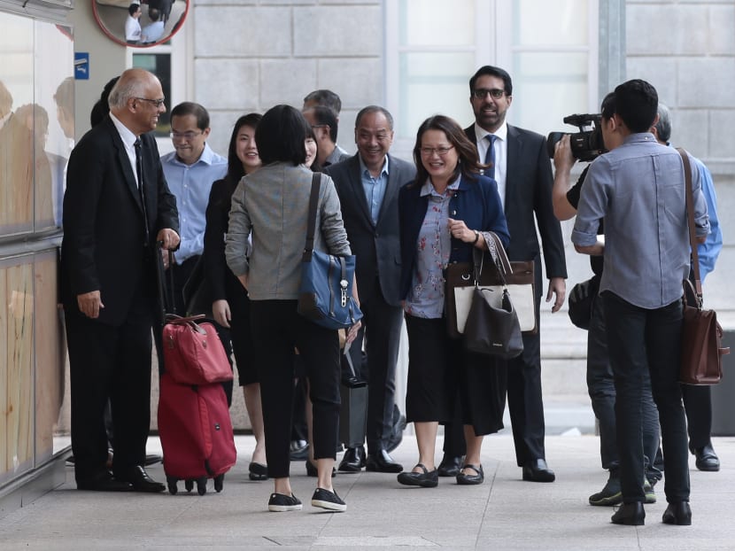 Workers' Party's Members of Parliament Pritam Singh, Sylvia Lim and Low Thia Khiang arriving at the High Court on Oct 5, 2018, the opening day of the Aljunied-Hougang Town Council trial over alleged improper payments.