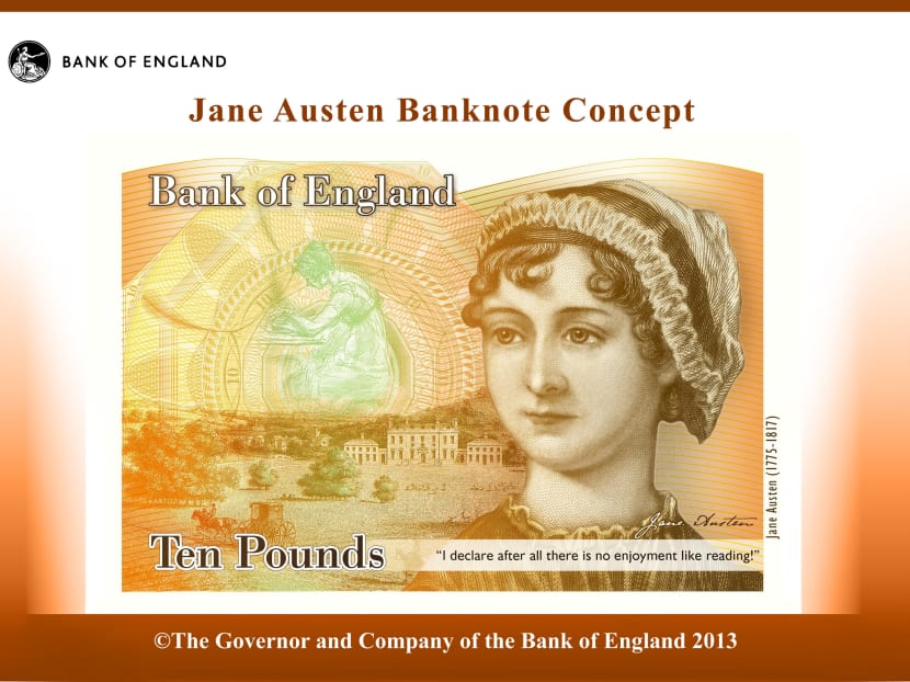 This computer generated image provided by the Bank of England Wednesday July 24, 2013, shows the concept design for the reverse of the new 10-pound note with a picture of Jane Austen. Photo: AP