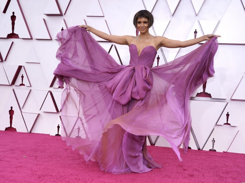 Actress Halle Berry arrives at the Oscars on April 25, 2021, at Union Station in Los Angeles.