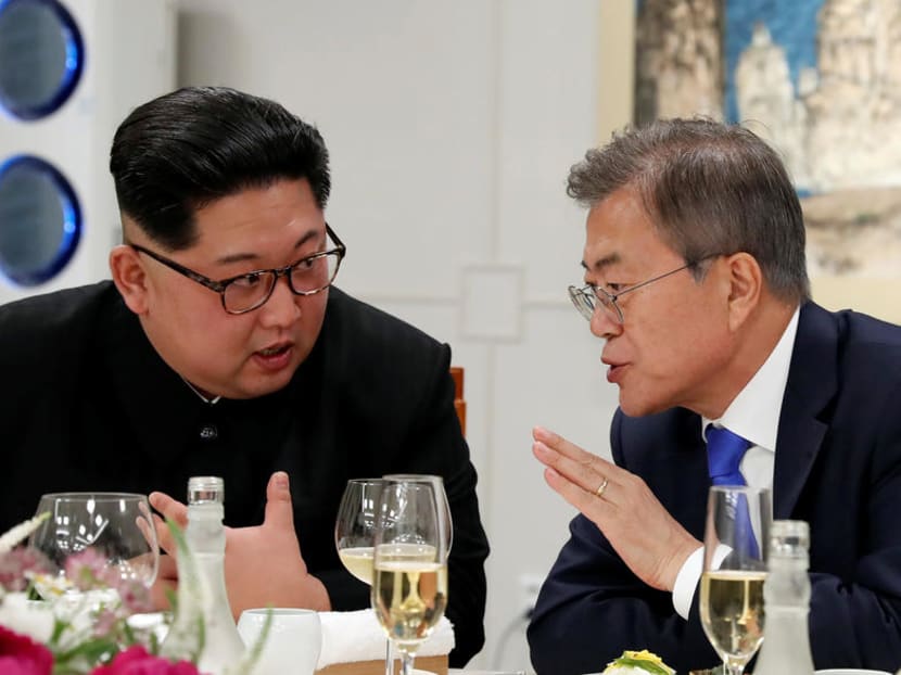 South Korean President Moon Jae-in and North Korean leader Kim Jong-un attend a banquet on the Peace House at the truce village of Panmunjom.