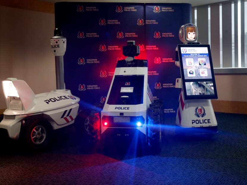 (From left) The S5 Pan-Tilt-Zoom patrol robot, the Multi-purpose All Terrain Autonomous Robot 2.0 and the FURo-D Future Robot were on display during the Police Workplace Seminar. These are examples of the latest technologies used by the police to enhance its frontline operations.